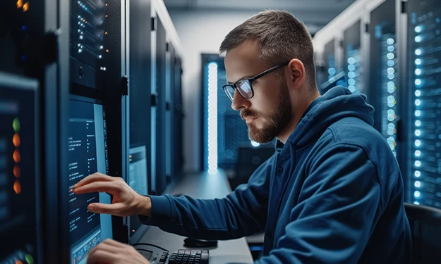 Un informaticien manipule un ordinateur portable dans une salle de serveurs