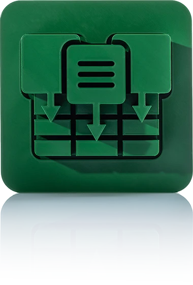 Das Symbol ist unicolor grün und zeigt zwei stilisierte Tabellen- oder Katalogsymbole mit Zeilenstruktur, die sich überlappen. Davor befindet sich ein Pfeil, der einen Exportvorgang andeutet. Es ist in einem Quadrat mit abgerundeten Ecken dargestellt. Dieses Icon steht für das Modul Datenexport E-Kataloge von crossbase.
