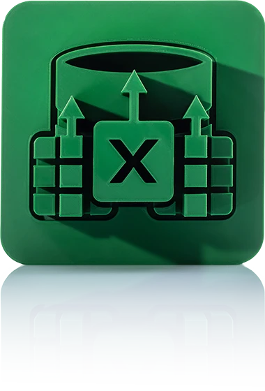 Das Symbol ist unicolor grün und zeigt eine stilisierte Datenbank, vor der zwei Tabellen-Symbole mit Zellenstruktur angeordnet sind. In der Mitte befindet sich ein großes „X“, das an das Symbol für Excel erinnert. Aus den Tabellen führen zwei Pfeile nach oben zur Datenbank. Es ist in einem Quadrat mit abgerundeten Ecken dargestellt. Dieses Icon steht für den Datenimport-Konfigurator von crossbase – er ermöglicht die strukturierte Übernahme von Excel- oder tabellarischen Daten in die zentrale Datenbank.