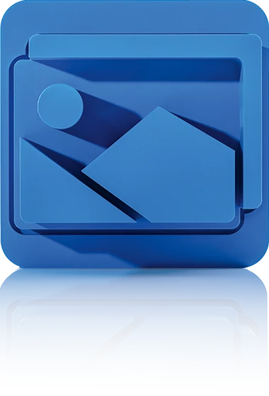 Das Symbol ist unicolor blau und besteht aus einem umgebenden Quadrat mit abgerundeten Ecken. Darin befindet sich ein Rechteck, das unten zwei stilisierte Berge und darüber eine Sonne zeigt. Das Symbol steht für das Media Asset Management-Modul von crossbase.