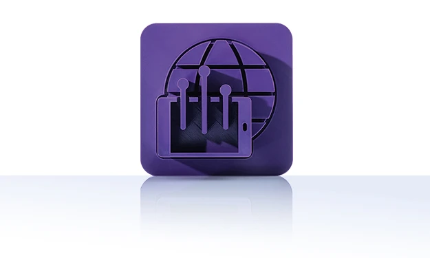 Das Symbol ist unicolor violett und zeigt ein Smartphone oder Tablet vor einer stilisierten Weltkugel mit Gitterlinien. Aus dem mobilen Endgerät steigen Linien mit Punkten am Ende auf. Es ist in einem Quadrat mit abgerundeten Ecken dargestellt. Dieses Icon steht für das Modul Mobile Anwendungen von crossbase.