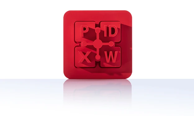 Das Symbol ist unicolor rot und zeigt vier Quadrate, die durch eine zentrale Verbindung miteinander verknüpft sind. In den Quadraten befinden sich die Buchstaben „P“, „D“, „X“ und „W“, die für gängige Office-Formate wie PowerPoint, PDF, Excel und Word stehen. Das Icon befindet sich in einem Quadrat mit abgerundeten Ecken. Es symbolisiert die Office-Anbindung von crossbase.